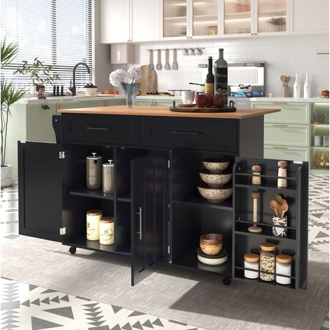 Carrello da cucina con piano sollevabile, mobile, 129x46/71x91,5 cm, 3 ante, 2 cassetti, MDF nero anticato (1/5)