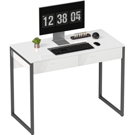 HOMCOM Modern Home Office Desk with High Gloss 2 Drawers Finish White Black