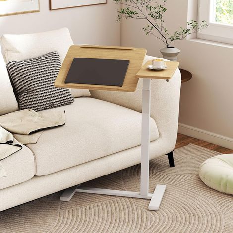 Table Mobile Au-Dessus du Lit, Réglable en Hauteur avec Plateau Inclinable et Arrêts de Bord, Table d'Extrémité en Forme de C avec Roues Pivotantes (1/5)