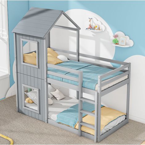 Litera 90x200 cm de pino y MDF gris con escalera, para niños, sin colchón – MEUBLIV (1/5)