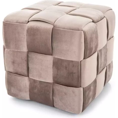 Pouf carré en velours beige à effet tressé, rembourrage moelleux ANIANKAZ (1/3)