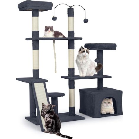 COSTWAY Arbre à Chat XXL Rotatif 136 cm, Condo, Planche et Poteaux à Griffer en Sisal, 7 Plateformes, Arbre a Chat Maine Coon, Pompons, Corde Suspendue, Tissu Peluche, 121 x 70 x 136 cm (Gris Foncé) (1/5)