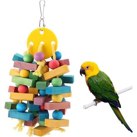 Giocattolo da masticare per uccelli, perline di legno colorate e blocchi di nodi, altalena sospesa per pappagallo, ara, cacatua grigio africano, amazzone, parrocchetto, maniche per insetti e (1/5)