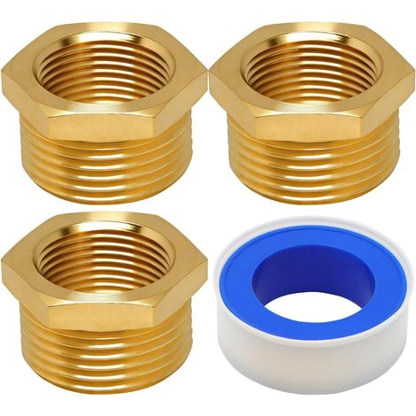 3 x 3/4 Female x 1 Male Reducer Adapter, 3/4 Inch Female to 1 Inch Male BSP Brass Thread, Brass Nipple Reducers for Hose Connection Conversion + 1 Sealing Tape (1/5)