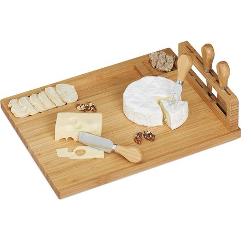 1 Set Planche à fromage, Bambou, 4 Couteaux Inox, Fromage pâte molle et dure, Apéritif (1/5)