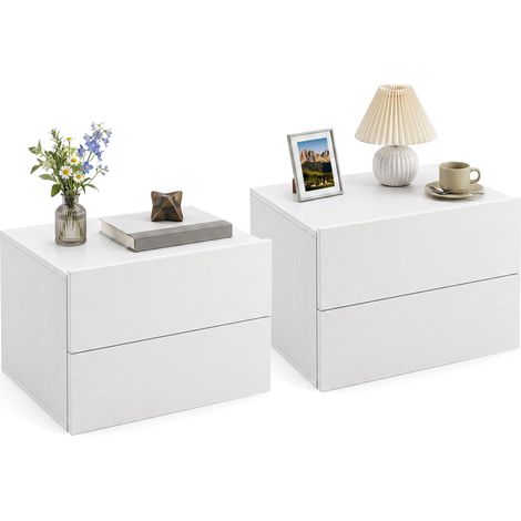 Table de Chevet Murale avec 2 Tiroirs, Table de Nuit Suspendue en Imitation Bois Gain de Place et Montage Facile pour Chambre, 42x30x29cm(Blanc,2 pcs) (1/5)
