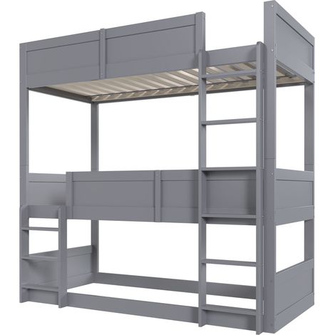 Dreifach-Etagenbett Kinder 90 x 200 cm grau aus Holz, mit Leiter und hohem Rausfallschutz (1/5)