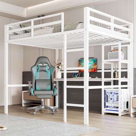 Lit mezzanine, 140x200cm, structure en fer, plusieurs étagères, bureau avec prise électrique, port USB-C, rambarde, échelle, sans matelas, blanc, garantie 2 ans