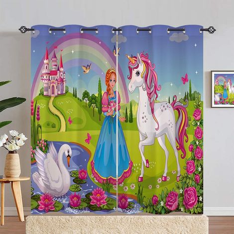 Rideau Occultant Licorne Princesse Château Tenture Opaque à Oeillets Draperies Intérieurs Rideau Thermique Isolant pour Maison Chambre Salon Fenetre 2 Pièces L 140 x H 280 cm - 140L X 280H cm (2 Panne (1/5)