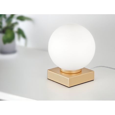 Kleine Tischleuchte ENOIRE Gold mit Glaskugel in Opalweiß, Höhe 17,5cm