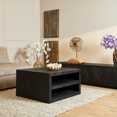 Table basse carrée bois noir avec rangement MONTARO