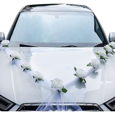 Décoration Voiture Mariage, Kit de décoration de Voiture de Mariage, Fleurs artificielles Blanches et Ruban Blanc pour Voiture de Mariage, décoration de Voiture de Mariage (1/5)