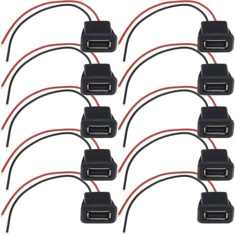 Lot de 10 connecteurs USB 2.0 femelle 2 fils 3 A 2 broches USB femelle avec boucle à rainure pour caméra de vidéosurveillance de voiture enregistreurs audio appareils ménagers 10 cm (1/5)