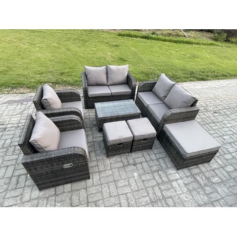 Fimous 9 places Salon de jardin en rotin avec Table basse rectangulaire 3 Tabourets Love Sofa Mélange gris foncé (1/5)
