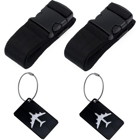 Sangles de Bagage Réglables avec Boucle (2 pièces), avec 2 étiquettes à Bagage, pour Voyager en Toute sécurité en Avion Bagages Fixes Les Sports, Noir