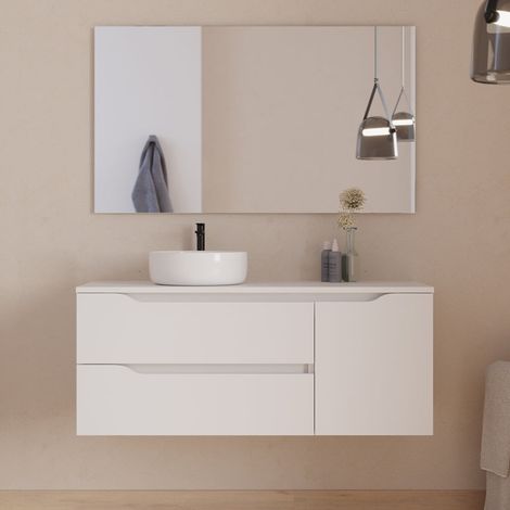 Meuble de salle de bain 120cm avec plateau, vasque à poser déportée à gauche Ares et miroir - 2 tiroirs et un placard - blanc - ZARZA