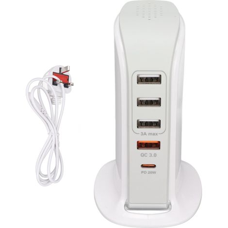 Station de charge rapide USB multiprise pour téléphone mobile, socle adaptateur de charge avec prise UK, chargeur tour compact multi-ports. (1/5)