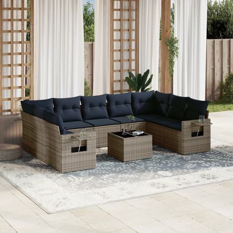 10-teiliges Gartensofa-Set mit Kissen, grau, Polyrattan (1/5)
