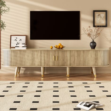Mobile TV 175 cm con 2 porte scorrevoli, mobile basso per televisione con ripiani aperti e 2 cassetti di stoccaggio, design rustico - Colore quercia