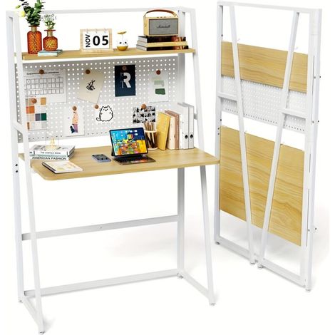 Table Pliante 2 Étagères avec Rangement Intégré - Bureau Design Sans Montage 86x40x138cm Panneau de Particules Durable, Gain de Place pour Salon/Chambre et Télétravail (1/5)
