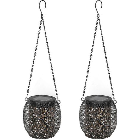 Lot de 2 lanternes solaires suspendues d'extérieur, étanches IP65, en fer forgé, pour décoration de jardin, terrasse, cour ou pelouse. (1/5)