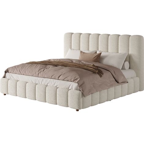 Letto matrimoniale 200x200 cm con contenitore idraulico, testiera imbottita in tessuto bouclé bianco e rete a doghe, design a strisce verticali CHICFURN (1/5)