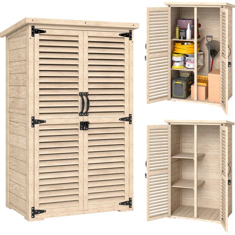 Outsunny caseta de jardín de madera, 75x50x118 cm, armario para almacenaje de herramientas con 2 estantes, 2 puertas de persiana y techo impermeable