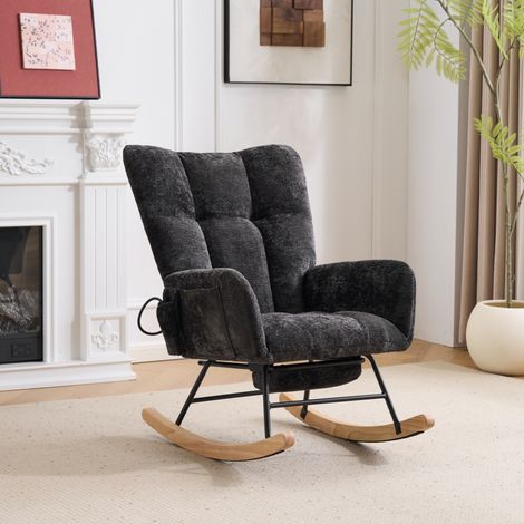 Poltrona a dondolo 63x92x89 cm in ciniglia nera, schienale alto e vano portaoggetti – MEUBLIV (1/5)