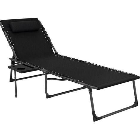 Transat pliant avec dossier réglable, appui-tête, poche latérale, tablette et structure en acier, 190 x 60 x 31 cm, noir (1/5)