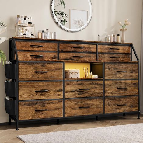 Commode à 14 Tiroirs Rétro 100cm, Tissu Respirant, Pieds Réglables, Prise USB & AC Intégrée, Rangement Multifonctions, Marron