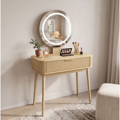 Coiffeuse LED avec miroir rond, 80 x 40 x 133 cm, grands tiroirs, pour chambre, finition chêne (1/5)