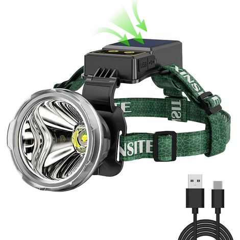 Wiederaufladbare Solar-Stirnlampe, 90.000 Lumen, ultrahell, 90° verstellbar, 3 Modi, IPX5 wasserdicht, USB C, wiederaufladbar, für Camping, Laufen, Radfahren
