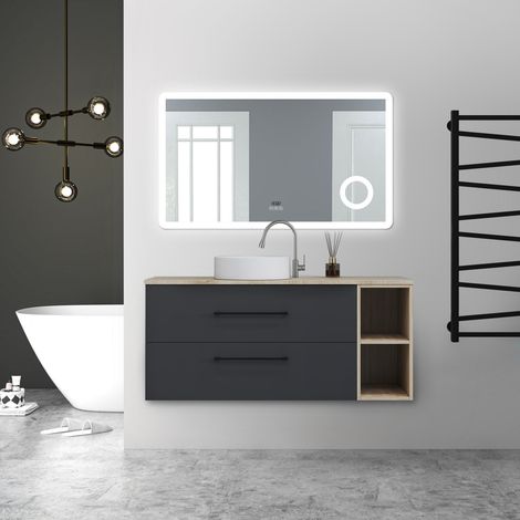 AICA Ensemble de meubles de salle de bain avec Vasque + 2 Rangements Ouverts, 120x46x52cm, Miroir Bluetooth avec Horloge et Loupe