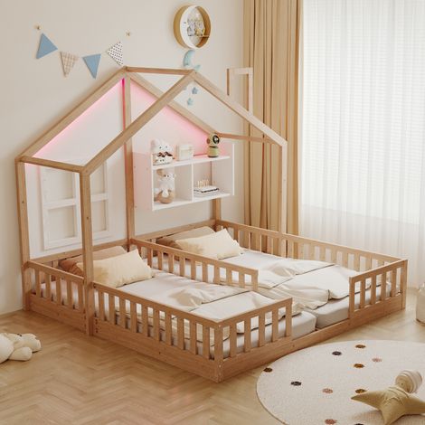 Letto da terra doppio per bambini 2 x 90 x 200 cm con LED, contenitori e sponde DESVIAE (1/5)