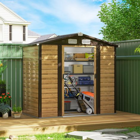 Cobertizo Metálico para Jardín 213x120x166/194 cm con Base Refuerzo Puertas Correderas y Ventilaciones Roble (1/5)