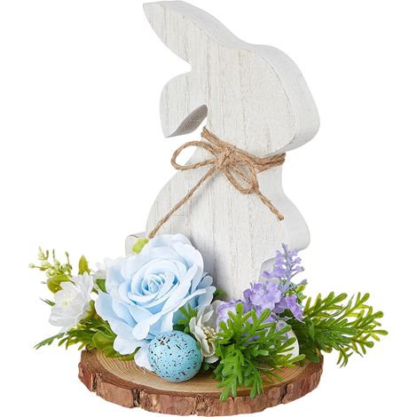 Ornement En Bois Forme De Lapin - Décoration De Pâques Et De Printemps - Ornement Floral Artificiel - Lot De 1 (1/5)