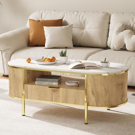 Table basse ovale moderne avec rangement – 48" – Plateau effet marbre – Design cannelé – Tiroir et étagère intégrés – Pieds métalliques dorés – Idéale pour salon et bureau (1/5)