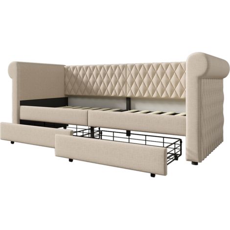 Cama diván vintage de lino beige 90x200 cm con 2 cajones de almacenaje (1/5)