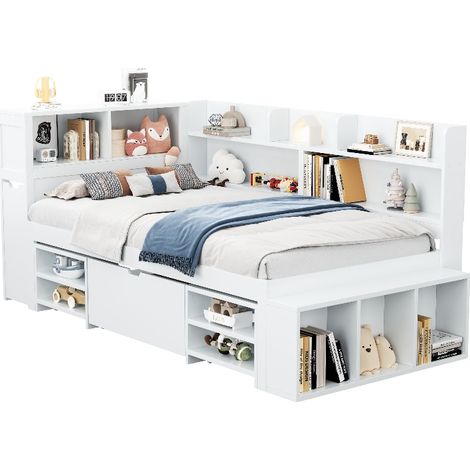Kinderbett 90x200 cm mit Stauraum, Schubladen und Bücherregal, multifunktionales Funktionsbett inkl. Lattenrost, belastbar bis 200kg, Weiß (1/5)