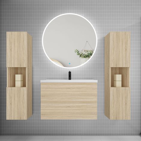 Ensemble meuble vasque L.79cm 2 tiroirs + lavabo + LED miroir rond 90cm + 2colonne,chêne A