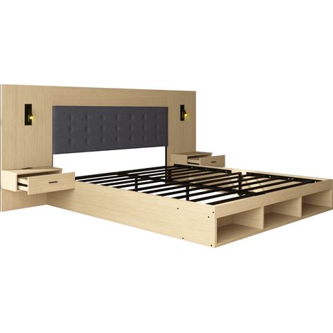 Lit double 180x200 cm avec rangement, bois clair, USB & Type-C, lampe de lecture et 2 tables de chevet sans matelas (1/5)