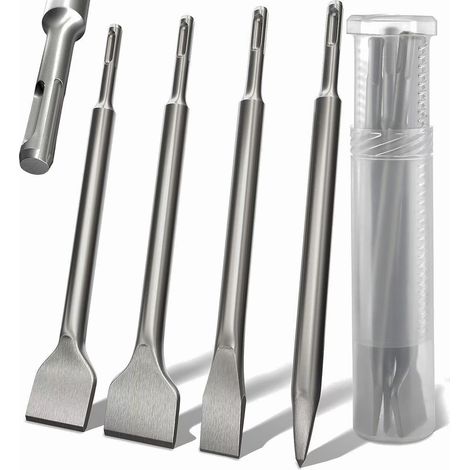 SDS-Plus-Meißel-Set – Vierer-Set mit Fliesenmeißel, Rundgriff, Elektrohämmer, Rundmeißel mit vier Spitzen, gebogener Meißel 142 x 250, extrabreiter Flachmeißel