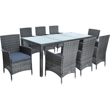 Estexo – Salon de jardin 8 personnes en polyrotin gris – Table en verre dépoli 190x90cm – Fauteuils avec coussins polyester – Confort optimal (1/5)