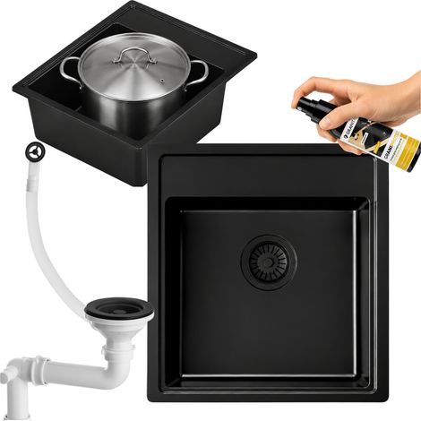 Évier de cuisine en composite granit 1 bac noir 44 x 51 cm à encastrer, avec siphon gain de place et produit d’entretien inclus Celina 44 (1/5)