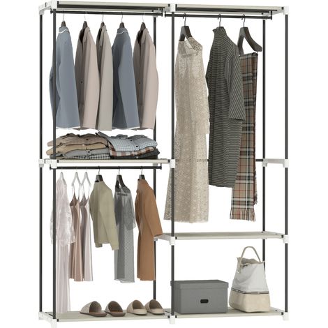Beyamis Offener Kleiderschrank mit 4 Stoffablagen, 3 Kleiderstangen und Metallrahmen, 142 x 43 x 185 cm, Beige