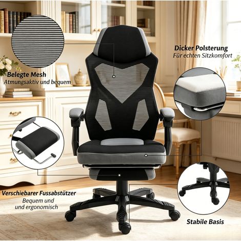 Chaise de bureau ergonomique de gaming avec dossier haut, assise réglable en hauteur, gris et noir (1/5)