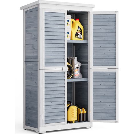 Armario de Jardín Exterior de Madera Bealife para Almacenamiento en Jardín con Patas, 3 Repisas, 2 Puertas, Techo Inclinado, 76 x 42 x 160.5 cm Gris