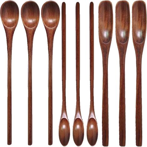 Beyamis Ensemble de 9 cuillères en bois faites à la main, à long manche, pour mélanger le café, le thé et le miel ustensiles de cuisine en bois naturel pour un usage quotidien. (1/5)