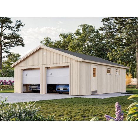 Abri de jardin en bois 44,7 m² – Épaisseur des murs 160 mm – Dimensions extérieures 576 x 557 cm – Porte sectionnelle isolée double vitrage – Palmako