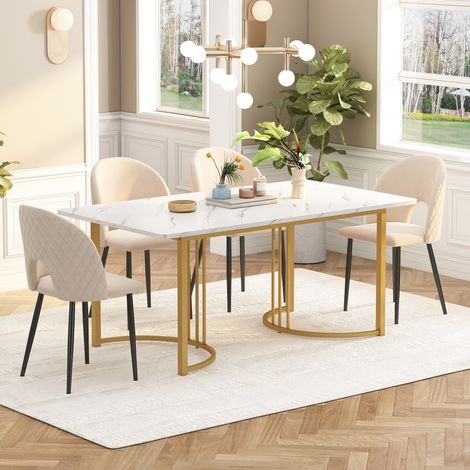 Rechteckiger Esstisch 140x80x75 cm Weiß aus MDF und Metall mit Marmor-Design und verstellbaren Füßen (1/5)